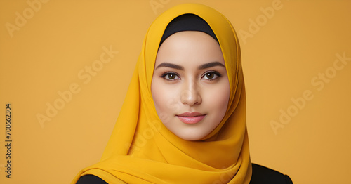 muslim hijab girl in yellow background © HashCovid