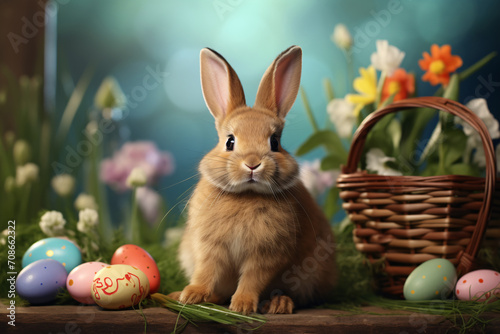 An Easter bunny with several colorful eggs is hidden in a flower garden. Happy Easter.