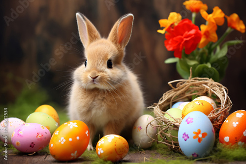 Colorful Easter eggs and the Easter bunny await the arrival of Easter celebrations. Happy Easter.