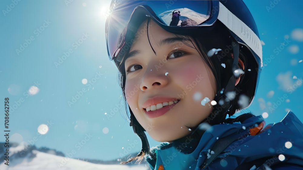 Asian girl at a ski resort. Asian girl at a ski resort.