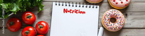 notepad with the word nutrition written in it and donuts next to it on a wooden rustic table , dietary concept
 photo