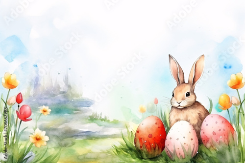 A cute bunny with Easter eggs is hiding in the tall grass. Happy Easter. Watercolor style.