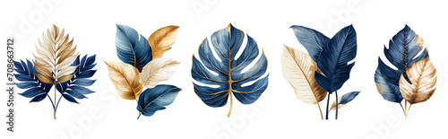 Tropical trendy leaves on a transparent background. Isolated illustrations of plants, palm leaf, monstera for greeting card, background or wedding
 invitation, Muted ,blue, beige, gold , bronze ,color