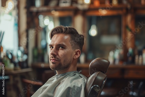 Handsome brunette bearded man sitting in the chair in barbershop and looking in the camera