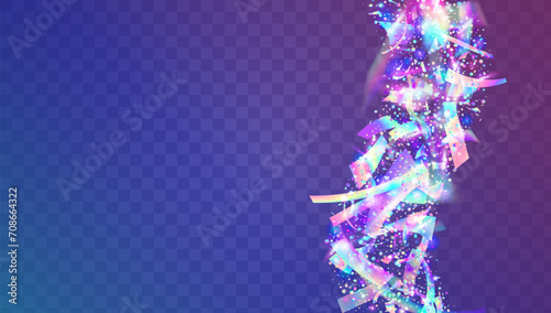 Transparent Tinsel. Digital Ribbon. Neon Confetti. Purple Happy Burst. Cristal Poster. Glare Surprise Backdrop. Laser Concept. Carnaval Paper. Blue Transparent Tinsel photo