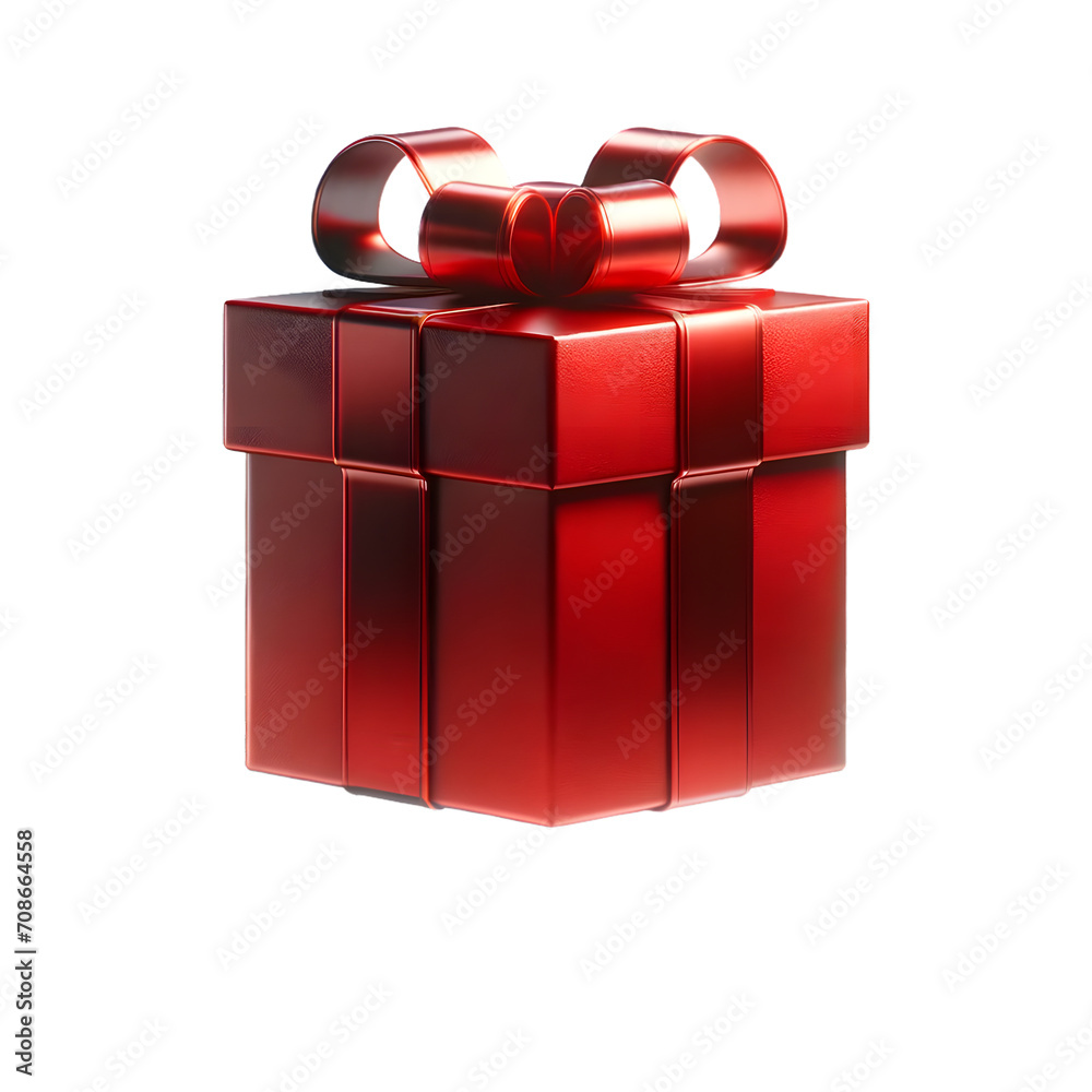 Red gift box with dark red ribbon and bow on transparent background