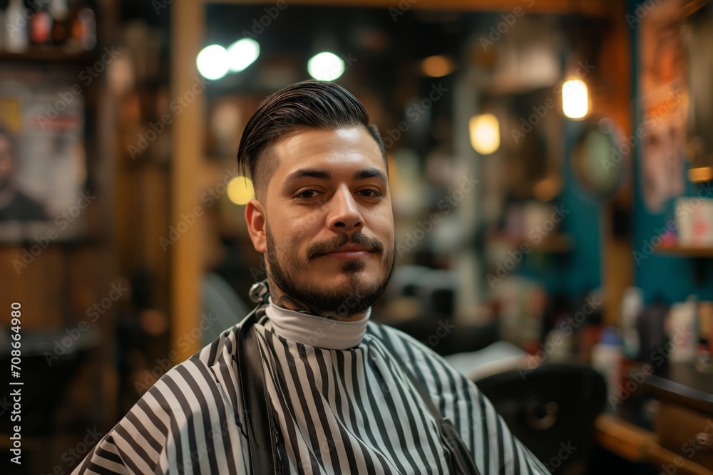 Fototapeta premium Handsome brunette bearded man sitting in the chair in barbershop and looking in the camera