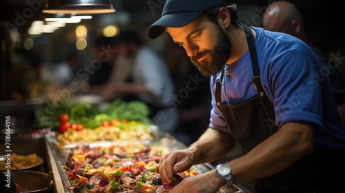 Focused male chef carefully preparing delicious food in commercial kitchen