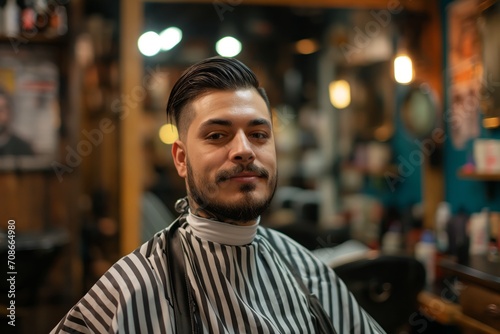 Handsome brunette bearded man sitting in the chair in barbershop and looking in the camera