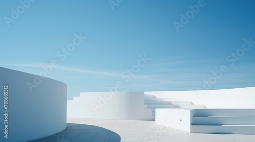 Minimalist architectural design featuring clean lines, white surfaces, and a clear blue sky, embodying modern simplicity and tranquility.