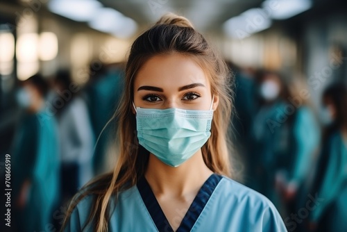 Portrait of a young female healthcare worker wearing a mask