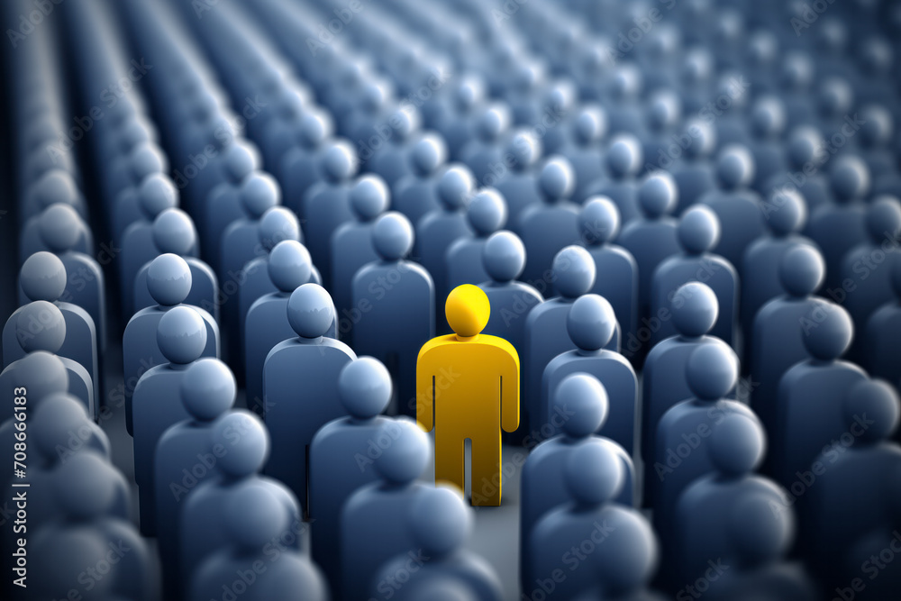 Obraz premium Yellow figure distinct among blue crowd, representing the search for the right person in HR, business strategy, and organizational psychology.