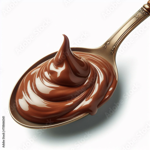 Spoon of melted chocolate hazelnut cream isolated on a white background. photo