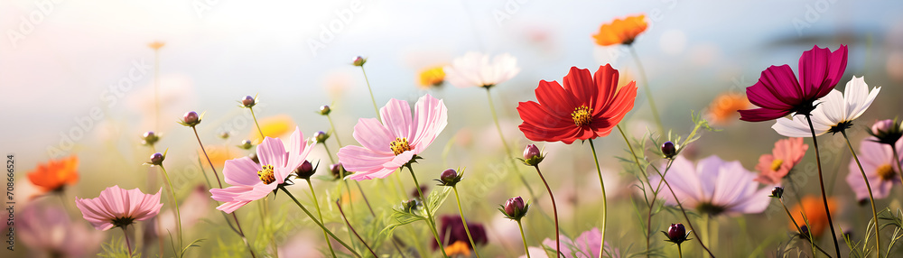 Beautiful colorful cosmos flowers over summer blurred nature background Beautiful colorful cosmos flowers over summer blurred nature background