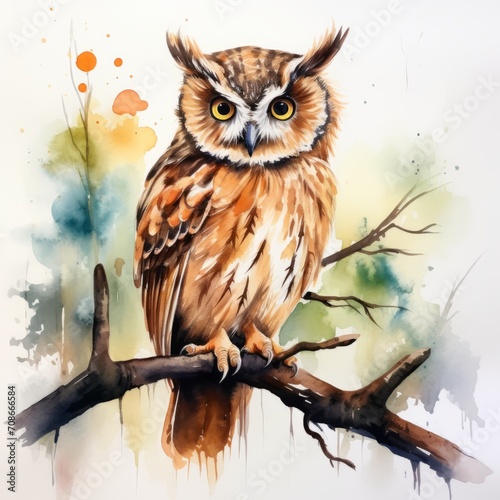an owl on a branch. watercolor