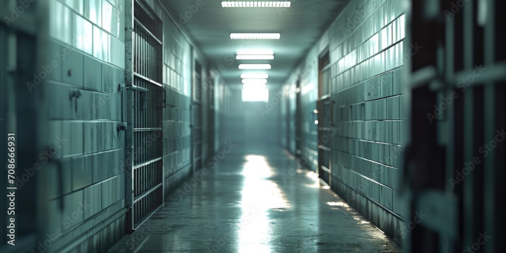 A long hallway in a jail cell block. Can be used to depict the atmosphere of a prison or in crime-related projects