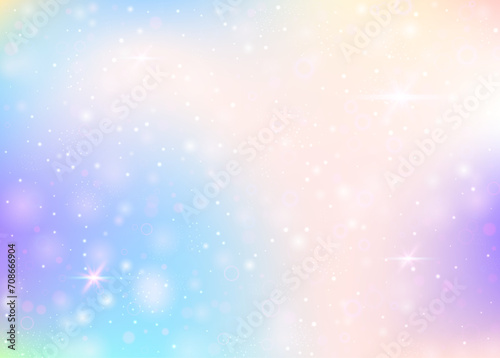 Magic background with rainbow mesh. Trendy universe banner in princess colors. Fantasy gradient backdrop with hologram. Holographic magic background with fairy sparkles, stars and blurs.