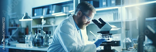A focused scientist wearing glasses and lab coat analyzing specimens with a microscope in a high-tech, blue-toned laboratory.