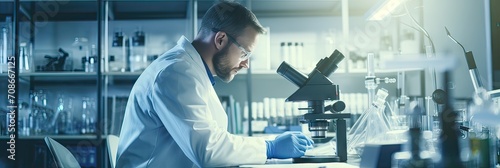 A focused scientist wearing glasses and lab coat analyzing specimens with a microscope in a high-tech, blue-toned laboratory.