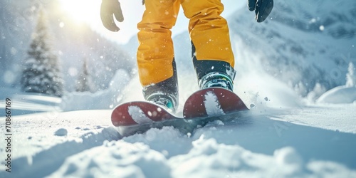 A snowboarder gracefully glides down a snowy hill. This image can be used to depict winter sports and outdoor activities