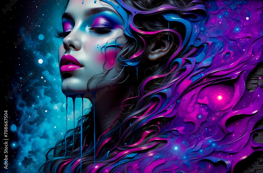 The image features a digital painting of a woman with purple and blue makeup and hair. The background is a galaxy, 