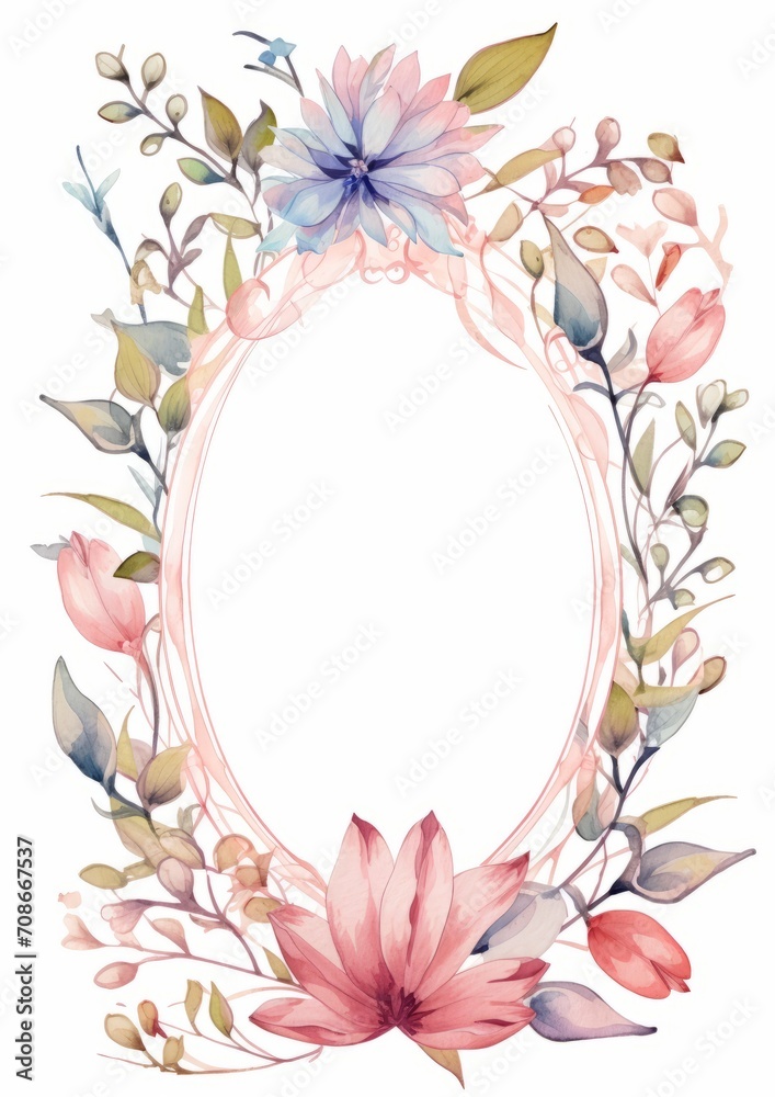 Blank Rococo Card invitation card with blank oval space in the middle, leaves and flower ...