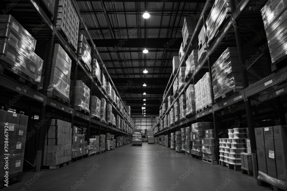 A large warehouse filled with boxes. Suitable for logistics, storage, or inventory concepts