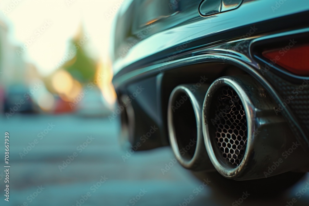 Close up view of a car exhaust pipe. Ideal for automotive industry websites and blogs - obrazy, fototapety, plakaty 