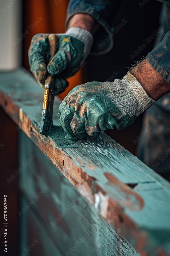 Close-up photo of a person using a paint brush on a piece of wood. Can be used for various DIY or artistic projects