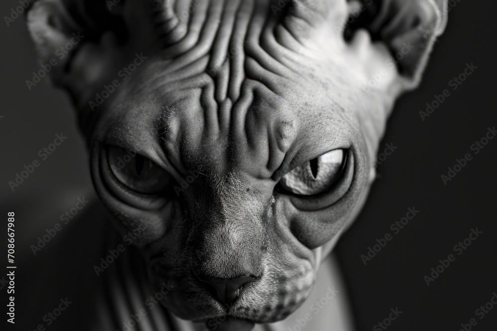 A monochrome image of a hairless Sphinx cat. Suitable for various uses