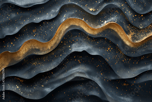 Elegant Black Background Adorned with Gilded Gold and Serene Blue Waves Harmony in Contrast