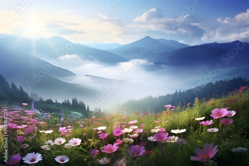 Flowers, morning light, mountains, beautiful, fresh .5