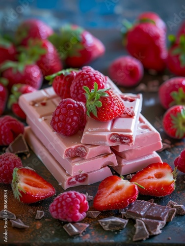 Vegan milky white chocolate of pink color with bright strawberries and raspberries on a dark stone background.