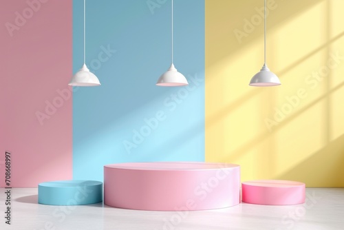 A room with vibrant pink  blue  and yellow walls. Perfect for adding a pop of color to any space