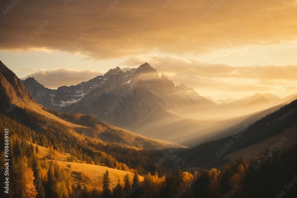 A majestic mountain range, bathed in the warm hues of a setting sun,