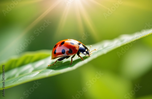 Ladybug on a leaf on a green background in the sun