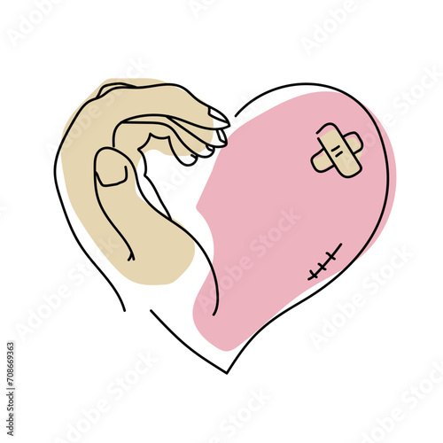 The hand holding the wounded heart. Helping and volunteering.