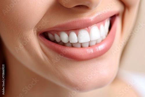 Closeup of womans smile with white teeth. Dental care, teeth whitening procedure at dentist