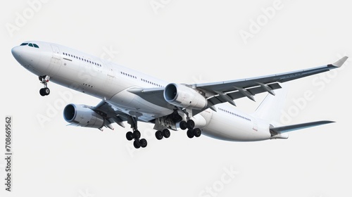 A picture of a large jetliner flying through a white sky. Suitable for travel and aviation themes
