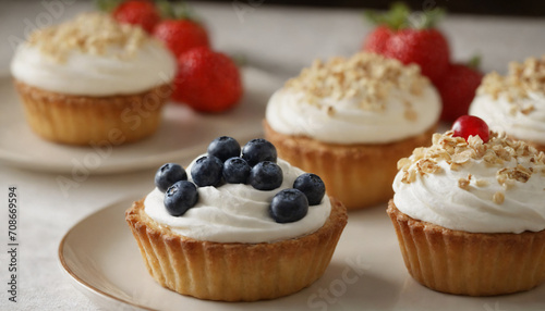 Whipped cream topped tarts with blueberries and granola garnish 