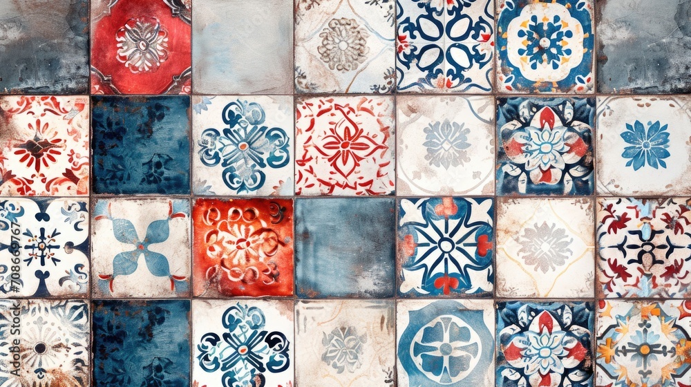 A detailed close-up of a wall covered in various tiled designs. Ideal for architectural or interior design projects