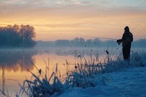 A man is pictured fishing on a frozen lake at sunset. This image can be used to depict a peaceful winter scene or for outdoor recreational themes photo