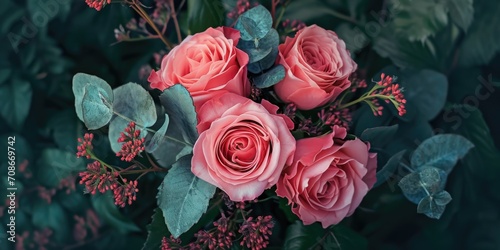 A beautiful bouquet of pink roses with green leaves. Perfect for weddings, anniversaries, or any special occasion.