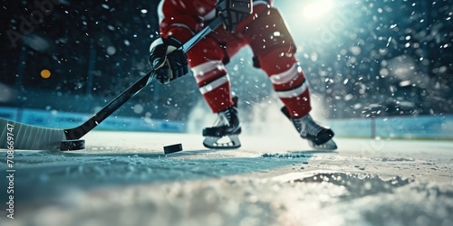 A professional hockey player holding a hockey stick while standing on the ice. Suitable for sports-related designs and marketing materials