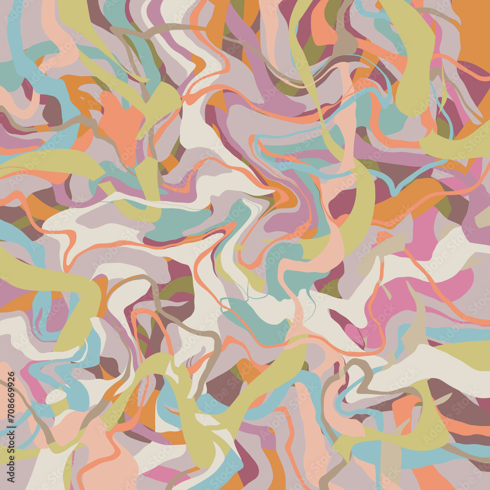 Abstract geometric wavy marble slab texture in muted pastel bleached peach orange yellow blue pink