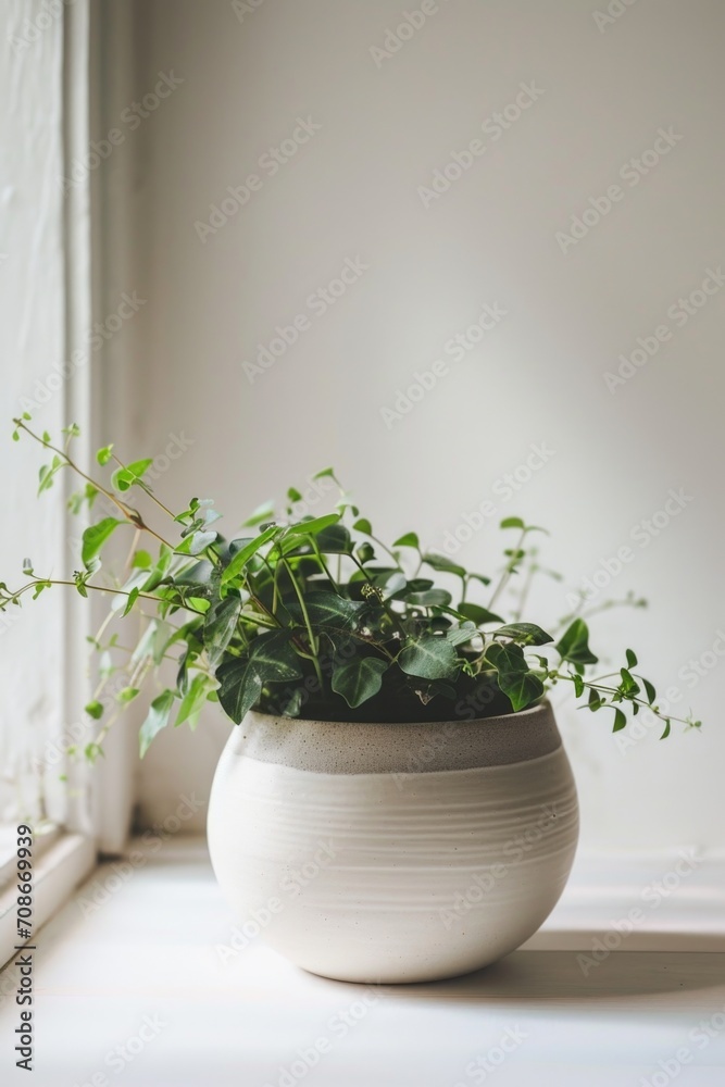 A potted plant sitting on a window sill. Suitable for home decor and gardening concepts A potted plant sitting on a window sill. Suitable for home decor and gardening concepts