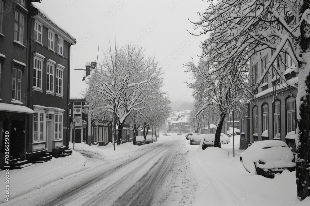 A black and white photo of a snowy street. Perfect for winter-themed designs