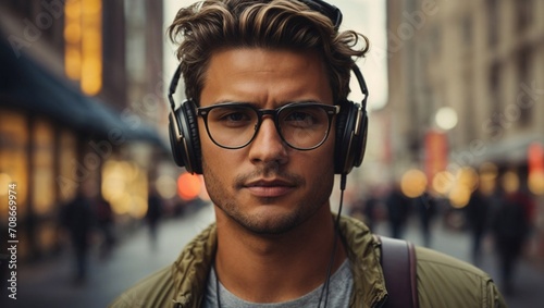 Man Wearing Headphones Walking on City Street Listening to Music. Generative AI. © theartofphoto