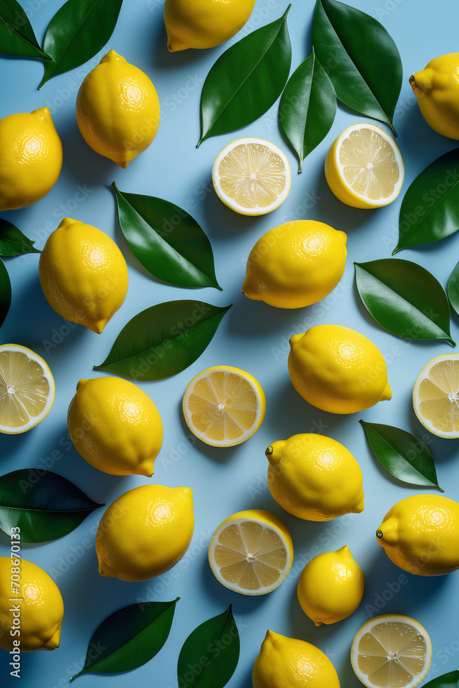 fresh and juicy lemons and leaves pattern on a pastel blue background, flat lay. summer wallpaper concept.