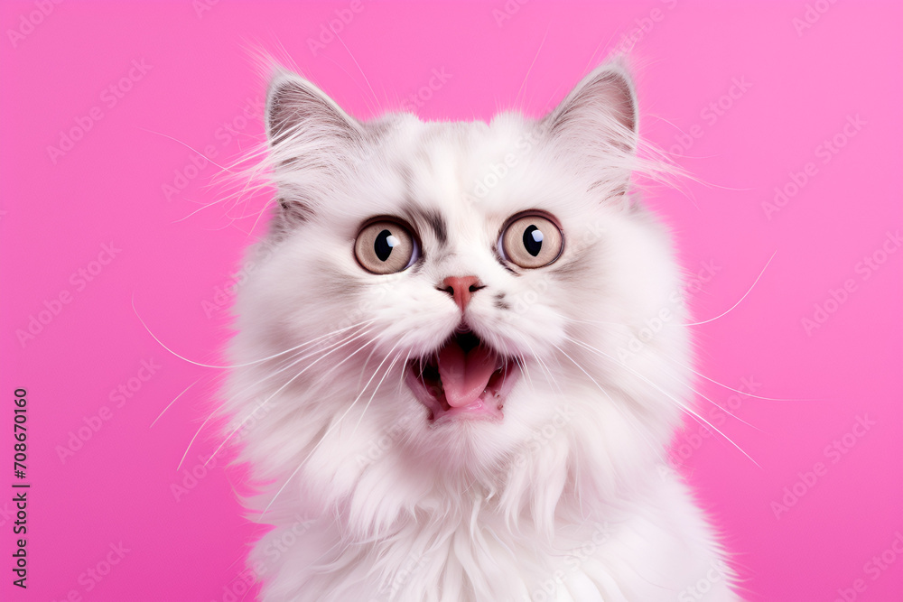 White cat on pink background